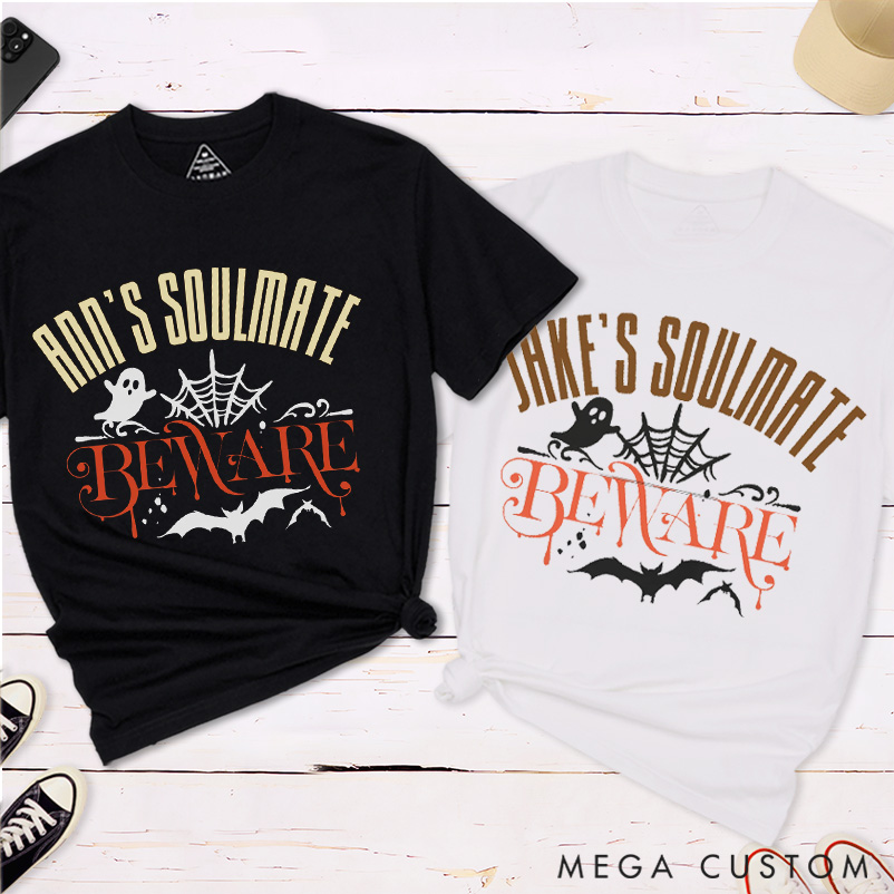 Personalized Soulmate Couple T-Shirt Couple Matching Halloween T-Shirt Bat and Ghost Shirt