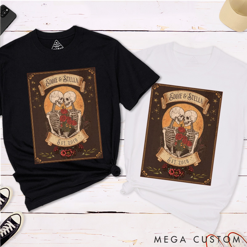 Personalized Skeleton Couple Matching Halloween T-Shirt Couple Retro Gothic Skull Card Design Halloween Shirt