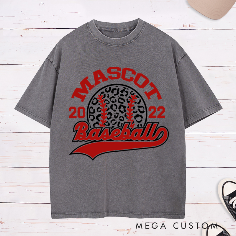 Personalized Team Baseball Washed T-Shirt Custom Name, Year and Trendy Leopard Design