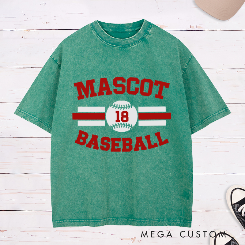 Personalized Baseball Washed T-Shirt with Custom Name and Striking Stripe and Ball Graphics