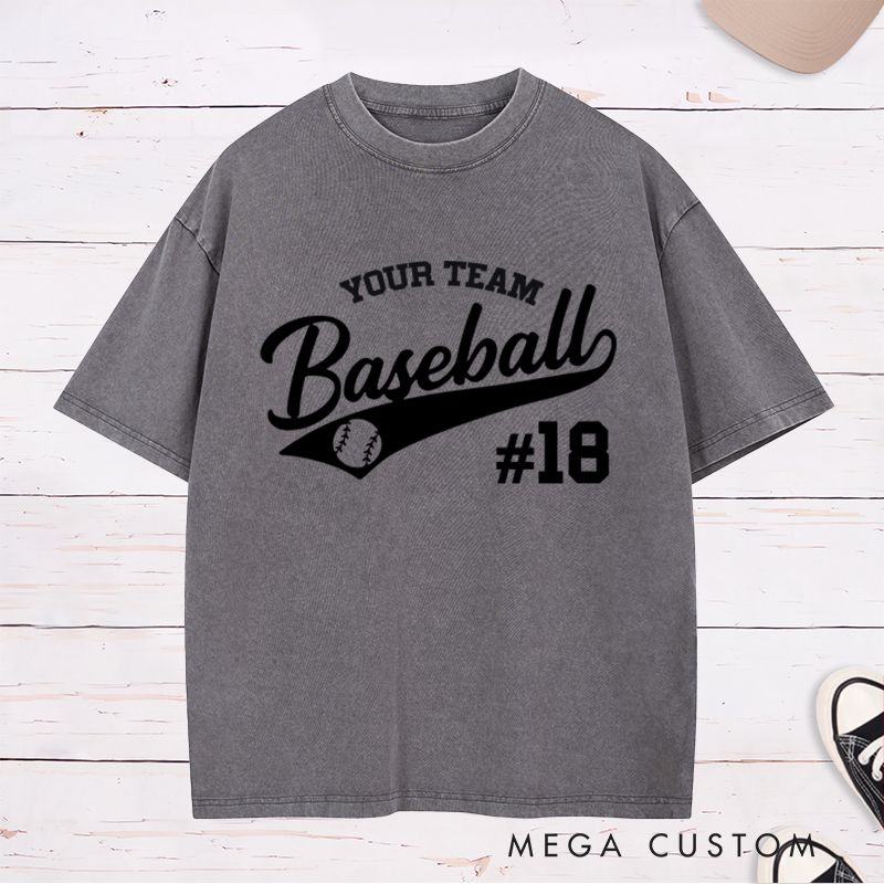 Personalized Baseball Washed T-Shirt with Custom Name and Stylish Sports Design