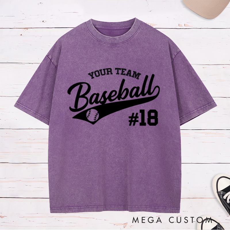 Personalized Baseball Washed T-Shirt with Custom Name and Stylish Sports Design