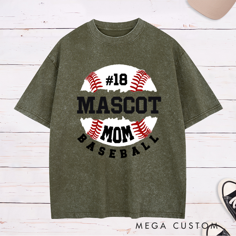 Personalized Baseball Mom Washed T-Shirt with Custom Name and Player Number Design