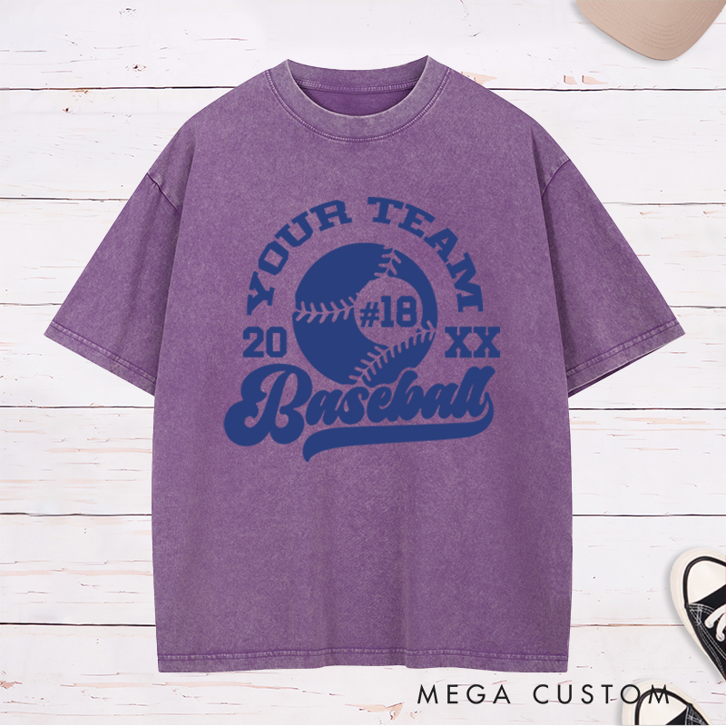 Personalized Baseball Washed T-Shirt with Custom Team Name, Player Number, and Year Design