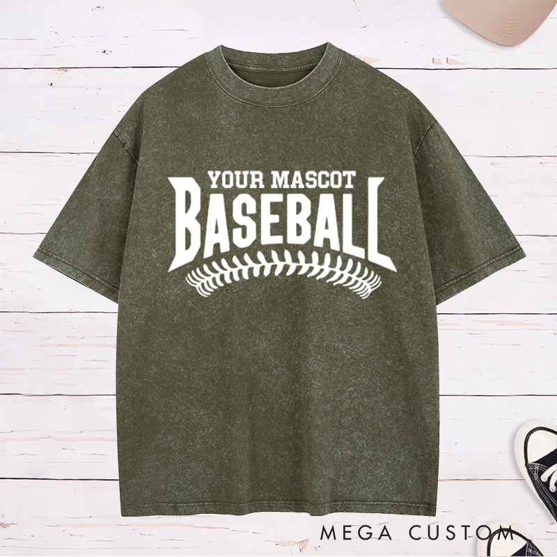 Personalized Baseball Washed T-Shirt with Custom Mascot Name and Classic Stitch Design