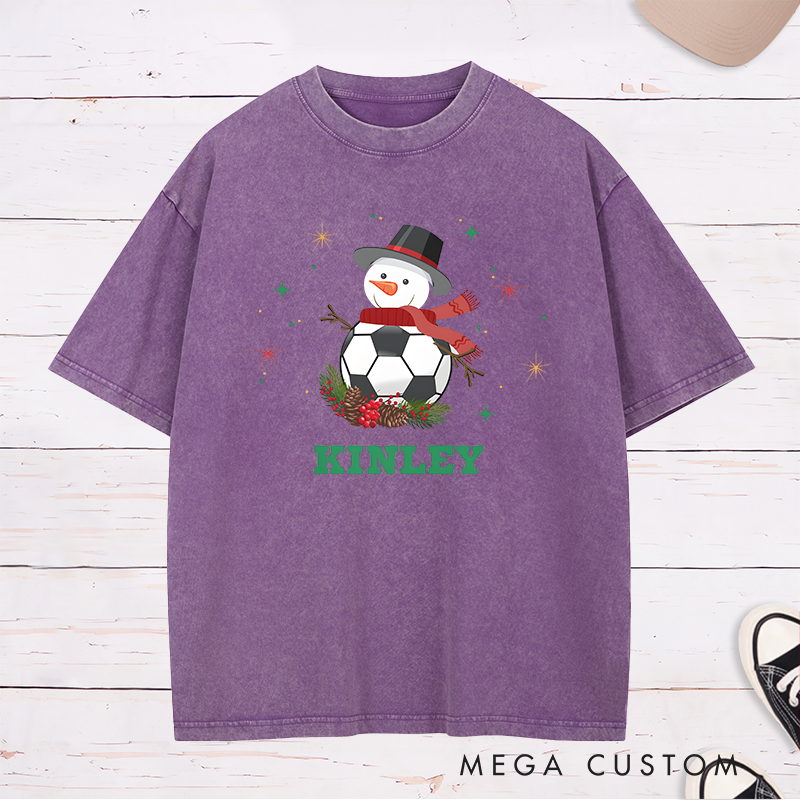 Personalized Snowman Soccer T-Shirt with Custom Name Christmas Design