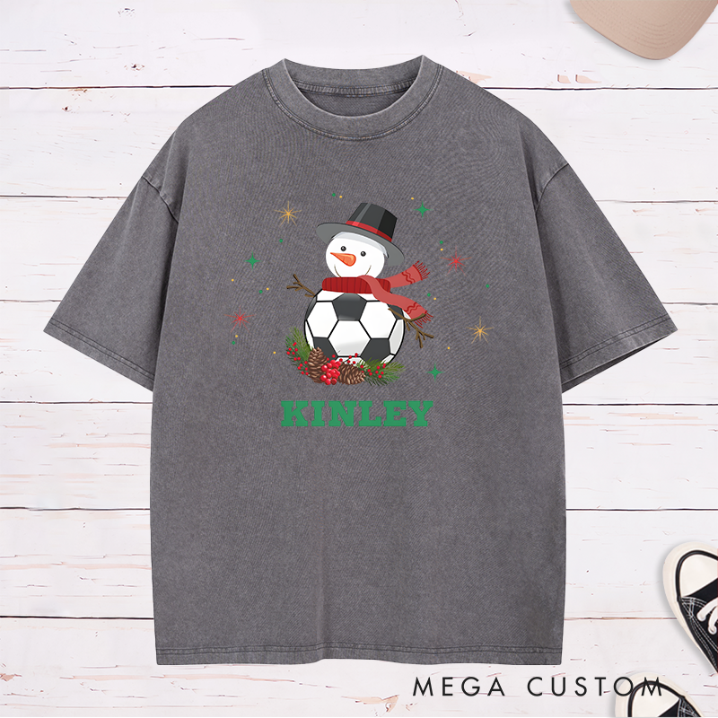 Personalized Snowman Soccer T-Shirt with Custom Name Christmas Design