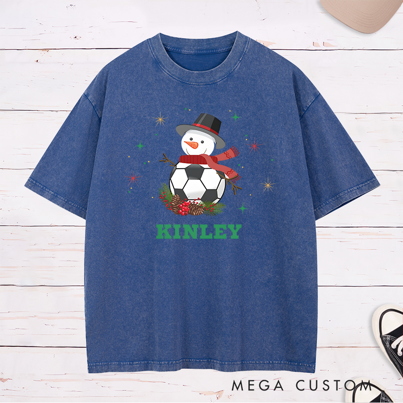 Personalized Snowman Soccer T-Shirt with Custom Name Christmas Design
