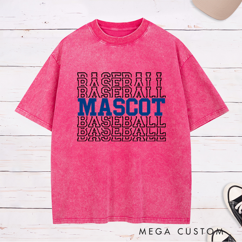 Personalized Baseball Washed T-Shirt Featuring Team Name and Repeating Text Pattern