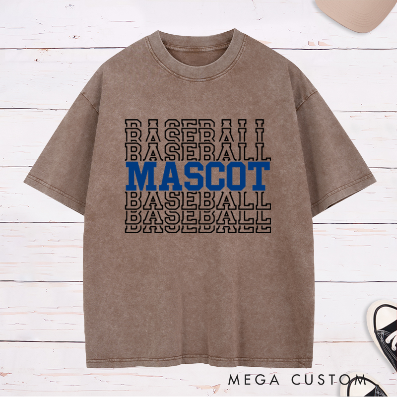 Personalized Baseball Washed T-Shirt Featuring Team Name and Repeating Text Pattern