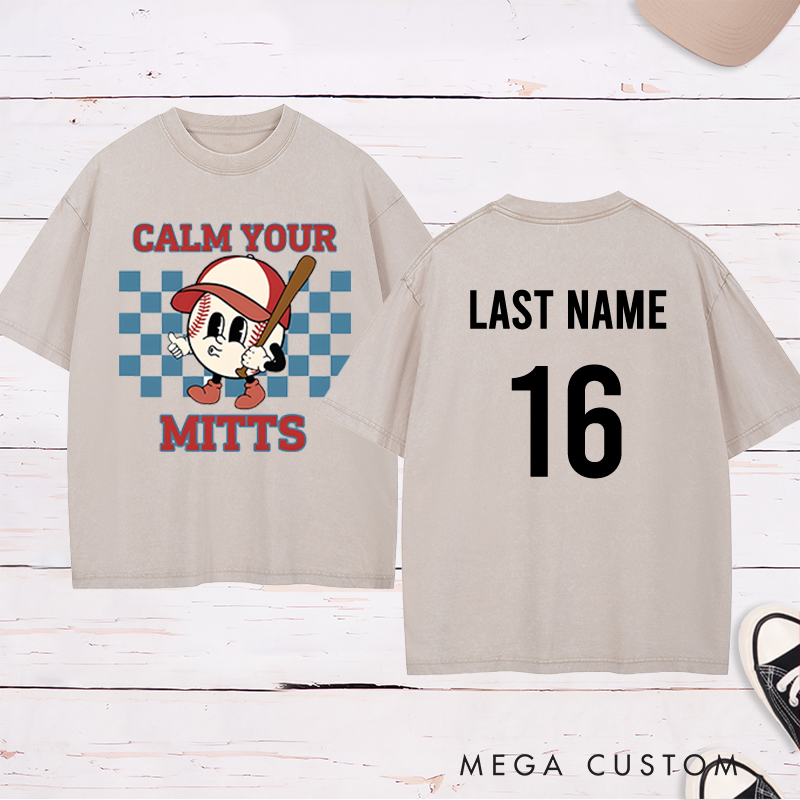 Personalized "Calm Your Mitts" Baseball Washed T-Shirt with Custom Name and Number  
