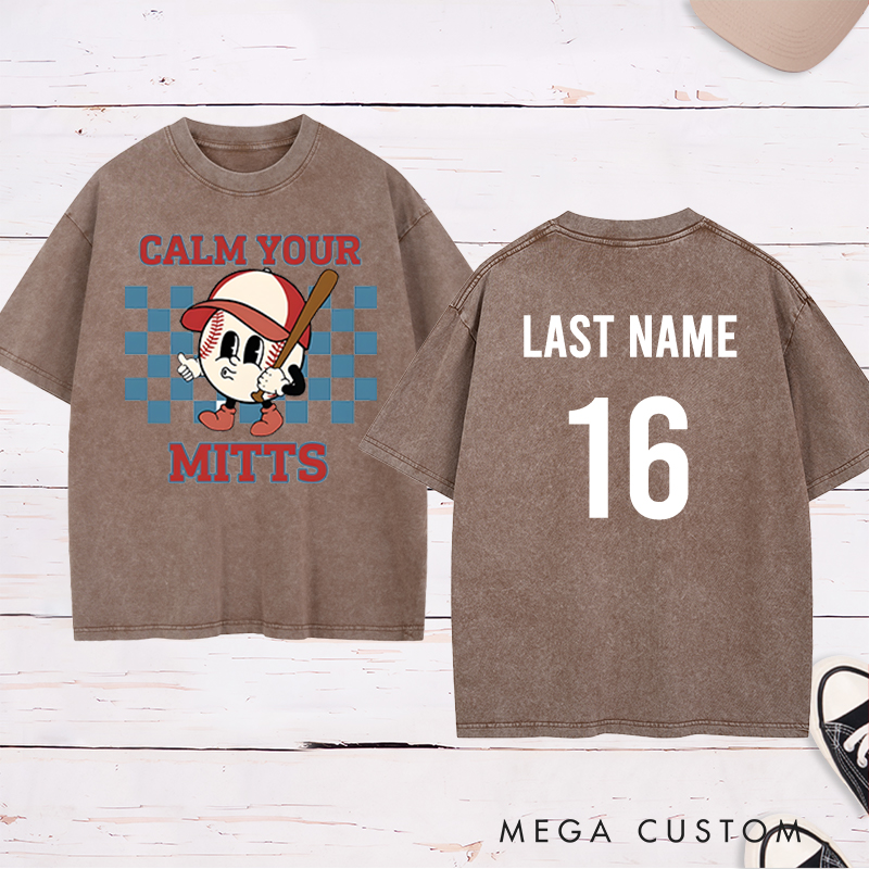 Personalized "Calm Your Mitts" Baseball Washed T-Shirt with Custom Name and Number  