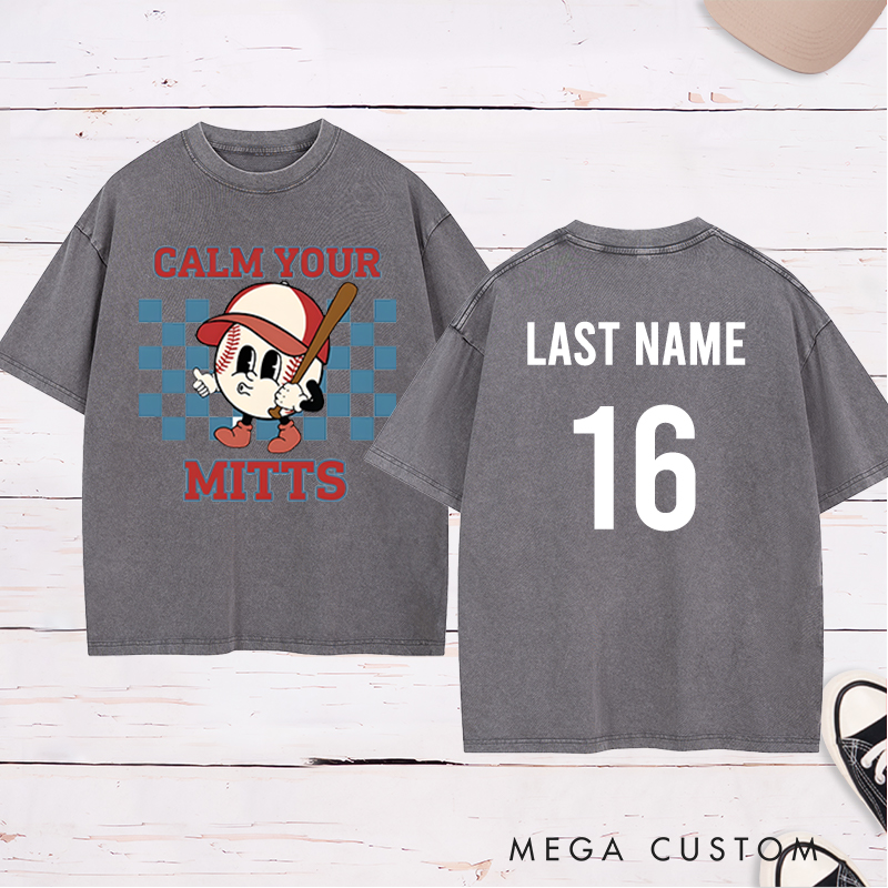 Personalized "Calm Your Mitts" Baseball Washed T-Shirt with Custom Name and Number  