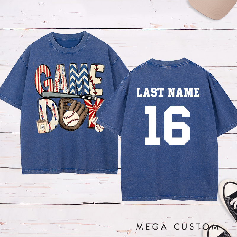 Personalized Patriotic "Game Day" Baseball Washed T-Shirt with Custom Name and Number   