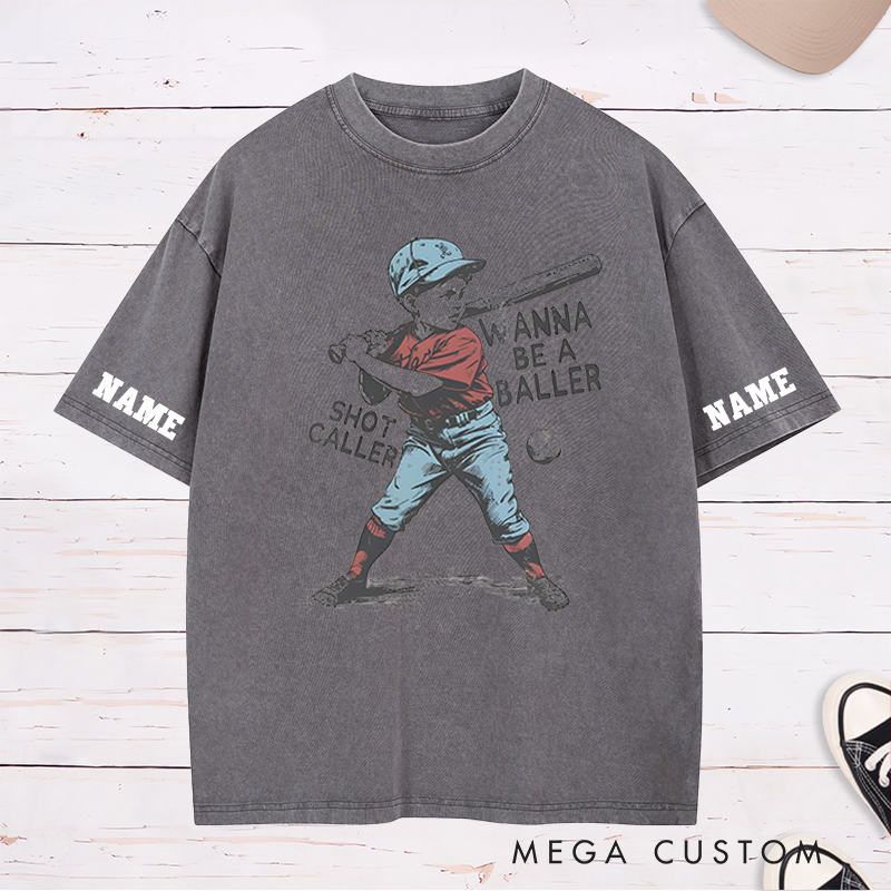 Personalized "Wanna Be a Baller" Vintage Baseball Washed T-Shirt with Custom Name and Number 