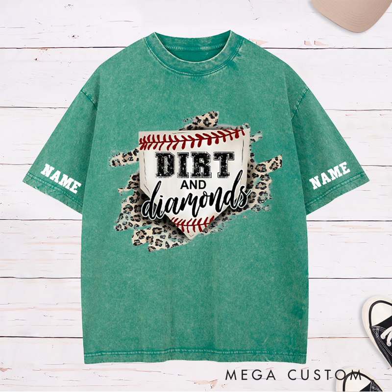 Personalized "Dirt and Diamonds" Baseball Washed T-Shirt with Custom Name and Number