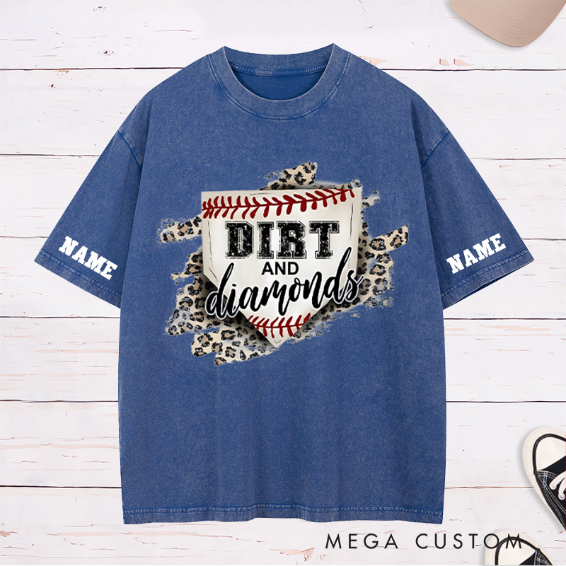 Personalized "Dirt and Diamonds" Baseball Washed T-Shirt with Custom Name and Number