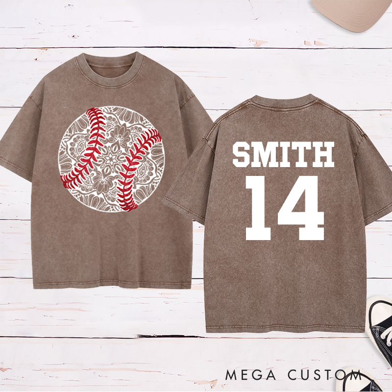 Personalized Mandala Baseball Washed T-Shirt with Custom Name and Number