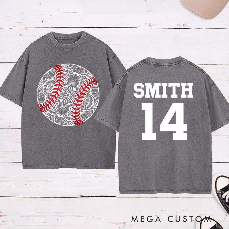 Personalized Mandala Baseball Washed T-Shirt with Custom Name and Number