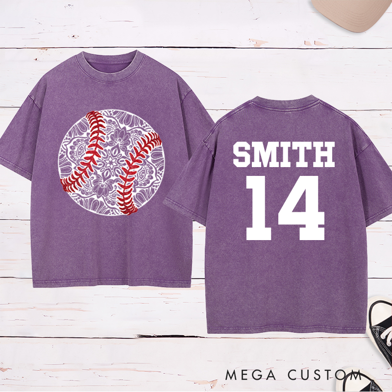 Personalized Mandala Baseball Washed T-Shirt with Custom Name and Number