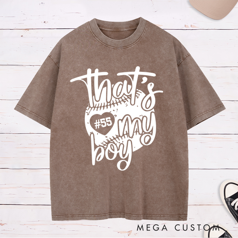 Personalized "That's My Boy" Baseball Mom Washed T-Shirt with Custom Number