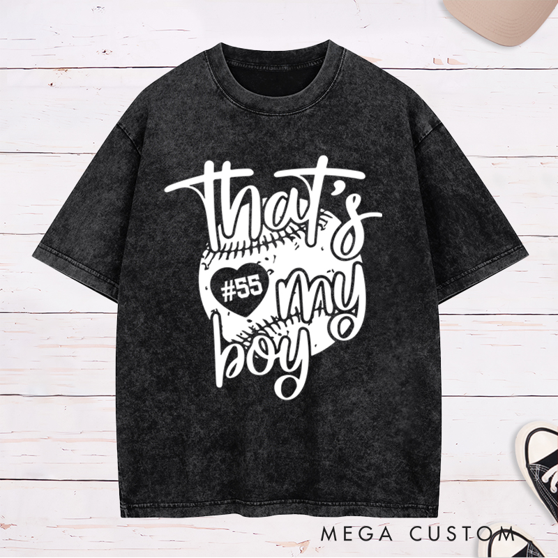 Personalized "That's My Boy" Baseball Mom Washed T-Shirt with Custom Number