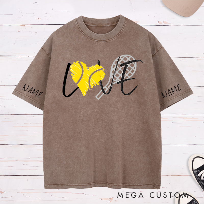 Personalized Tennis Love Washed T-Shirt with Heart and Racket Design and Custom Name
