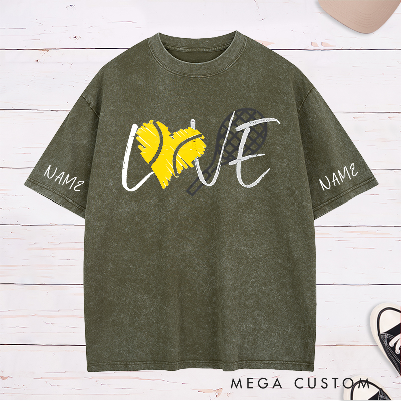 Personalized Tennis Love Washed T-Shirt with Heart and Racket Design and Custom Name