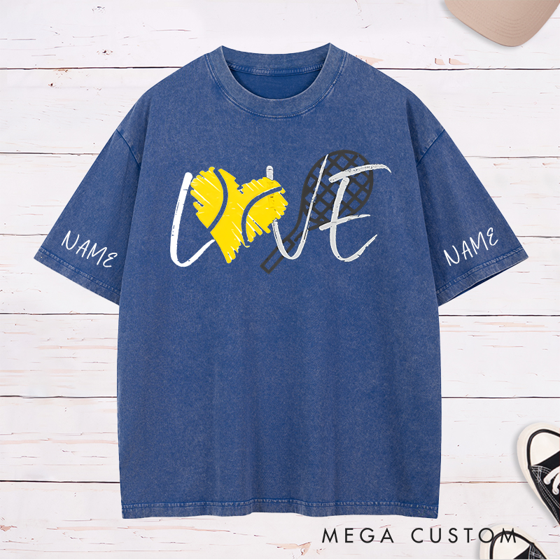 Personalized Tennis Love Washed T-Shirt with Heart and Racket Design and Custom Name