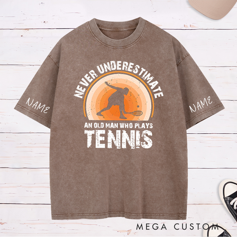 Personalized Tennis Washed T-Shirt with "Never Underestimate" Graphic and Custom Name