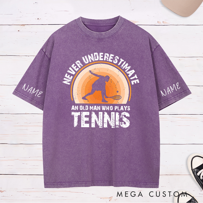 Personalized Tennis Washed T-Shirt with "Never Underestimate" Graphic and Custom Name