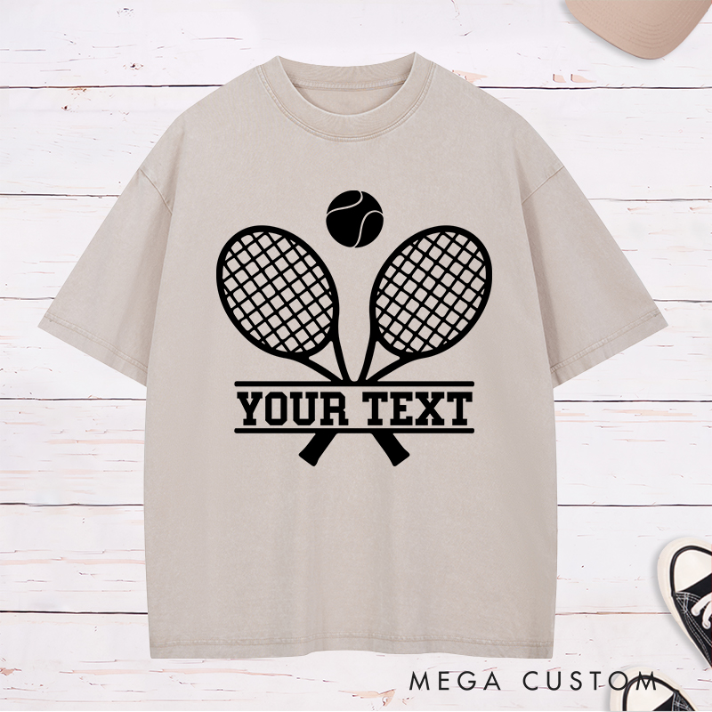 Personalized Tennis Washed T-Shirt with Crossed Rackets Design and Custom Text