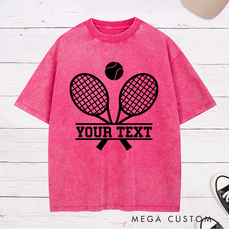 Personalized Tennis Washed T-Shirt with Crossed Rackets Design and Custom Text