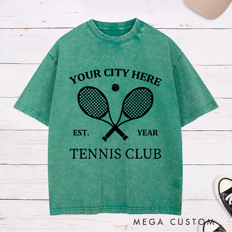 Personalized Tennis Washed T-Shirt Featuring Timeless Club Logo and Custom Name and Year