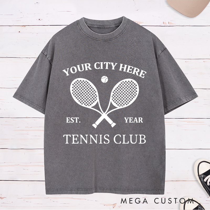 Personalized Tennis Washed T-Shirt Featuring Timeless Club Logo and Custom Name and Year