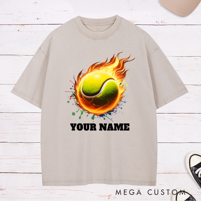 Personalized Tennis Washed T-Shirt with Flaming Ball and Custom Name 