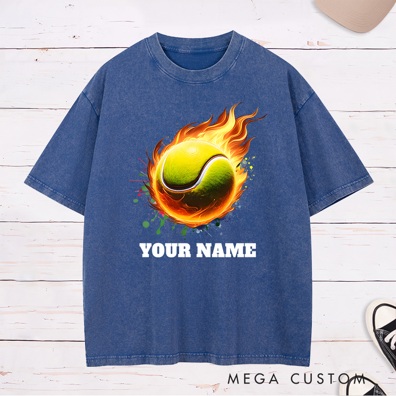 Personalized Tennis Washed T-Shirt with Flaming Ball and Custom Name 
