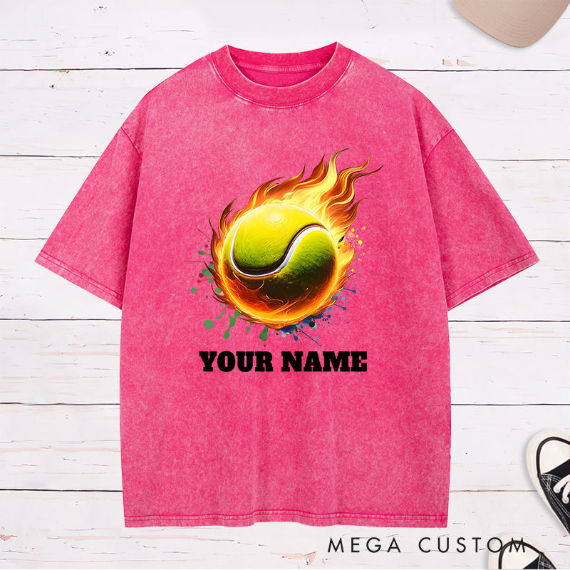 Personalized Tennis Washed T-Shirt with Flaming Ball and Custom Name 