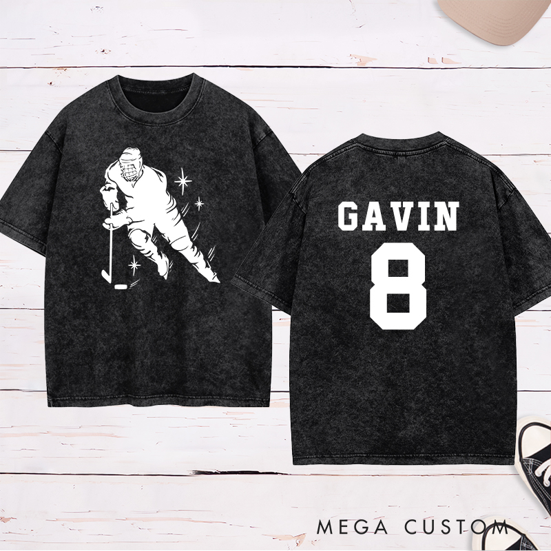 Personalized Hockey Player Silhouette Washed T-Shirt with Custom Name and Number