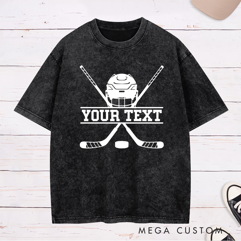 Personalized Hockey Helmet and Sticks Washed T-Shirt with Custom Name 