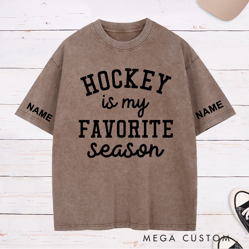 Personalized "Hockey Is My Favorite Season" Washed T-Shirt with Custom Name and Number