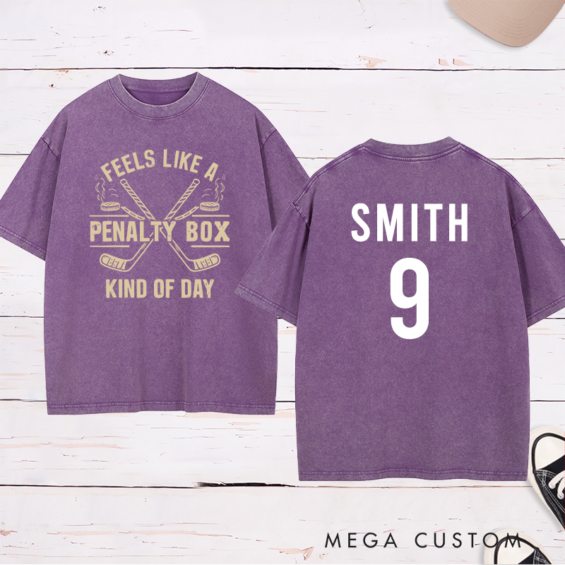Personalized "Penalty Box Kind of Day" Hockey Washed T-Shirt with Custom Name and Number