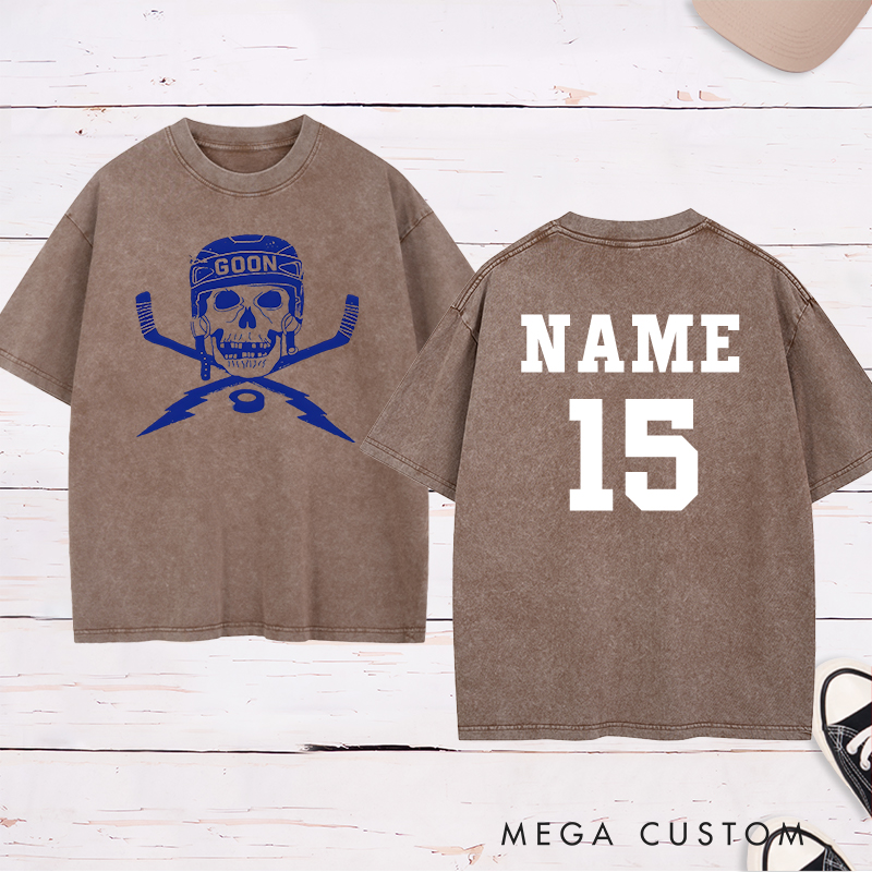 Personalized "Goon Skull" Hockey Washed T-Shirt with Custom Name and Number