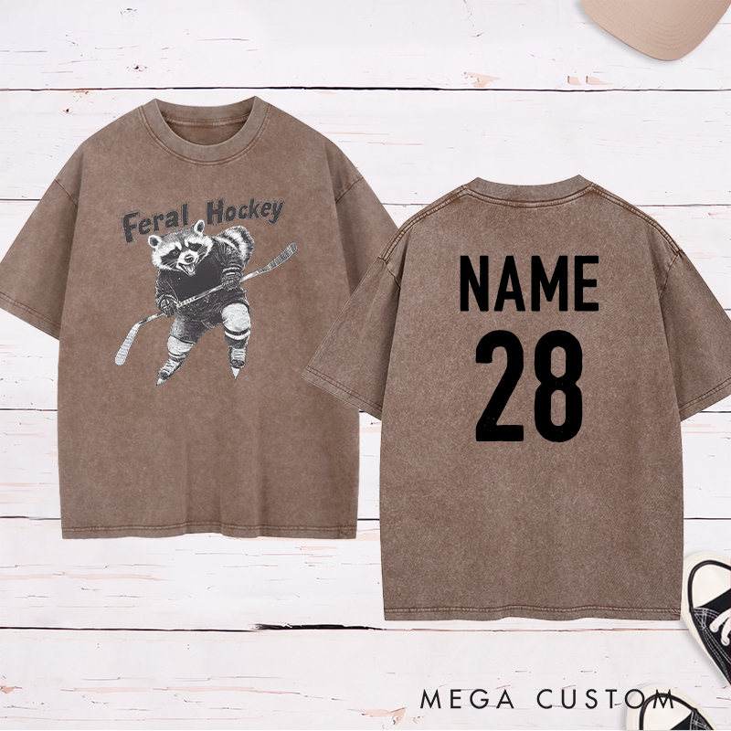 Personalized "Feral Hockey" Raccoon Washed T-Shirt with Custom Name and Number