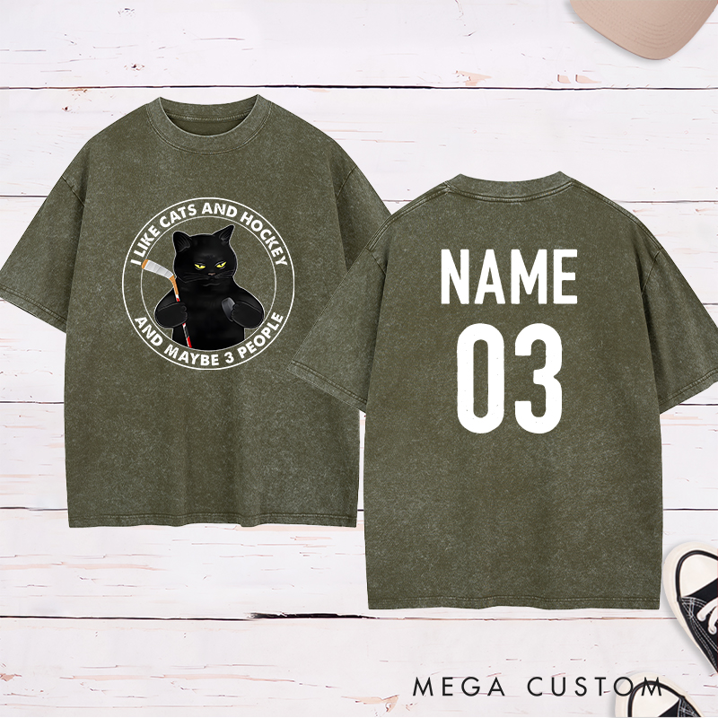 Personalized Funny Cat and Hockey Lover Washed T-Shirt with Custom Name and Number