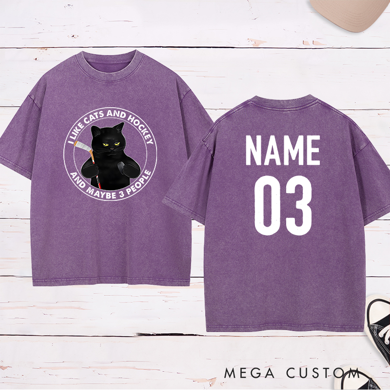 Personalized Funny Cat and Hockey Lover Washed T-Shirt with Custom Name and Number