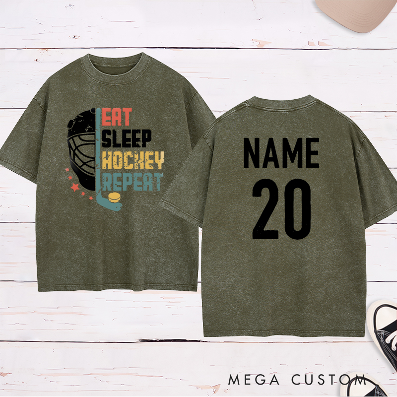 Personalized "Eat, Sleep, Hockey, Repeat" Washed T-Shirt with Custom Name and Number