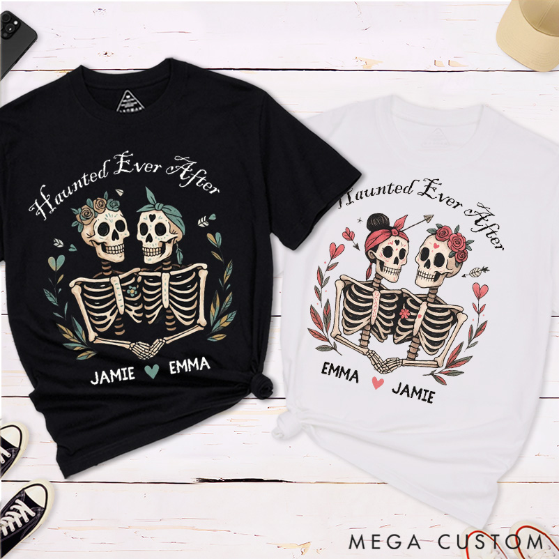 Personalized Gothic Skeleton Couple Matching Halloween T-Shirt Funny Haunted Ever After Shirt for Couple