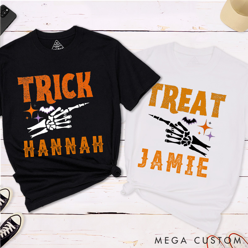 Personalized Halloween Trick Or Treat Funny Couple Matching T-Shirt Skeleton Finger Couple Shirt