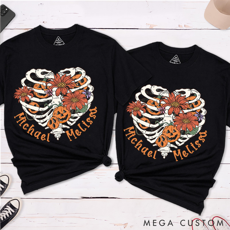 Personalized Heart Skull Pumpkin Couple Halloween T-Shirt 
